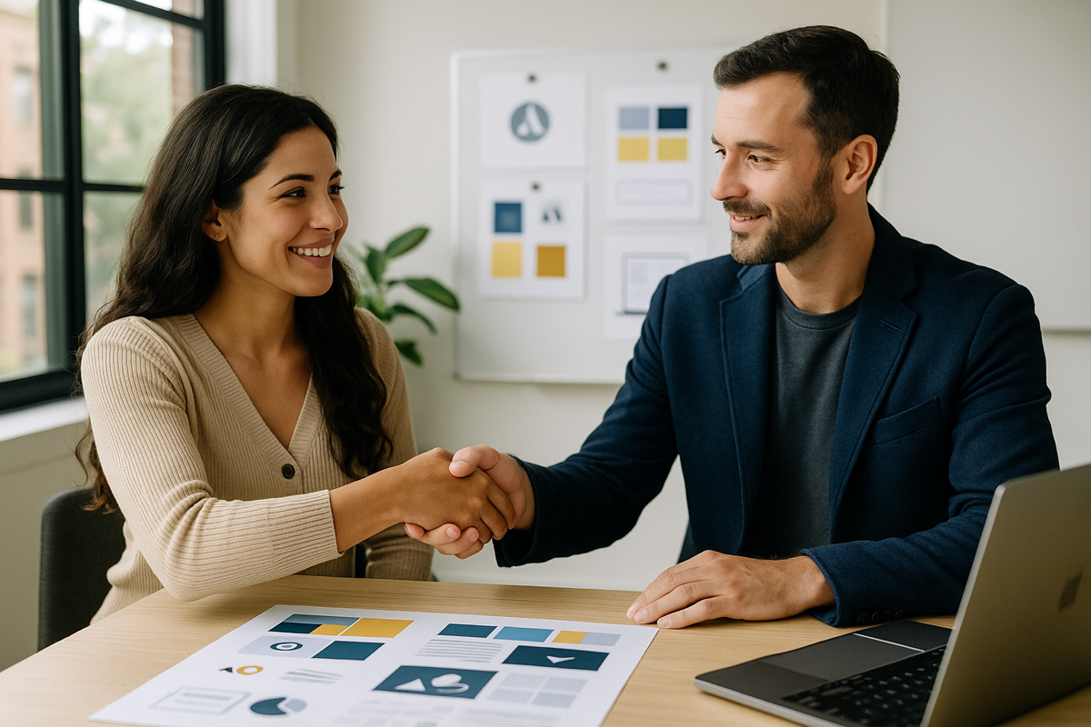 Brand refresh meeting as two professionals shake hands beside style tiles, logo mockups, and a laptop in a bright, modern office.