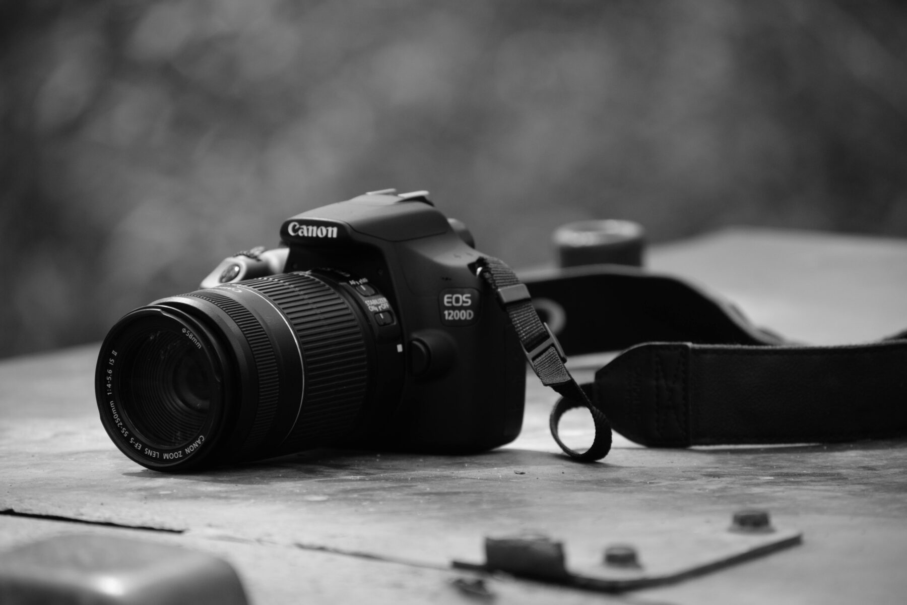 Monochrome photography close-up of a Canon mirrorless camera with textured grip and prime lens in soft, directional light.